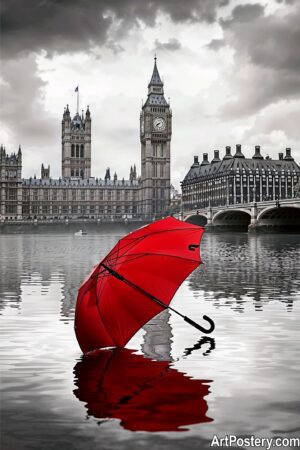Dazzling London: The Red Umbrella Reflection - Stunning Wall Art Poster