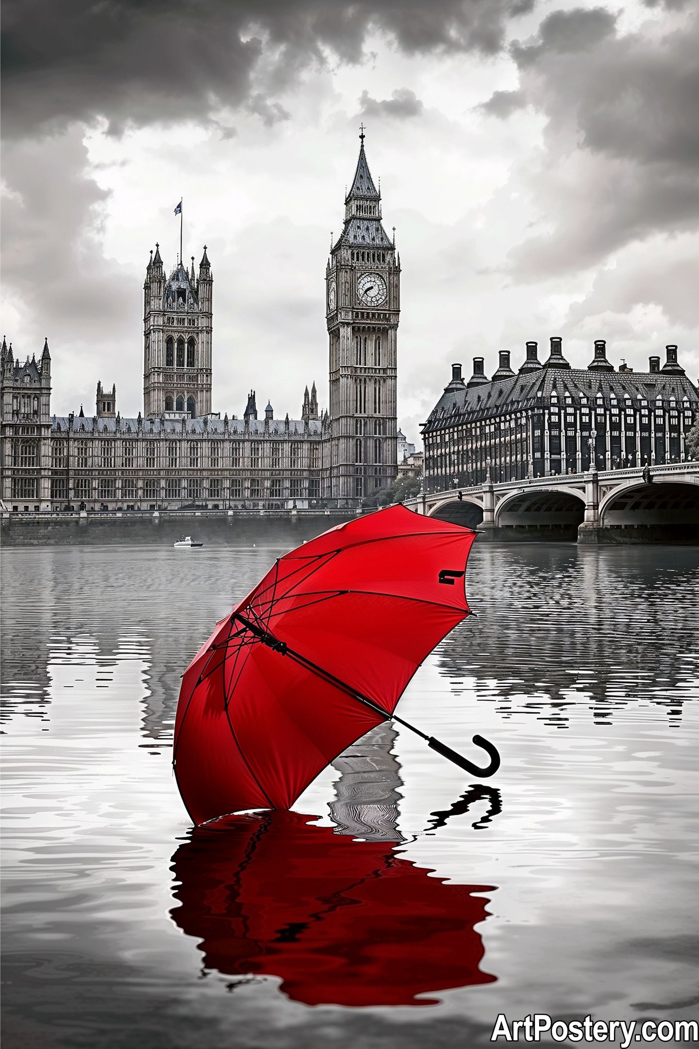 Dazzling London: The Red Umbrella Reflection - Stunning Wall Art Poster