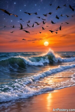 Art Prints: Sunset Symphony of Waves and Birds