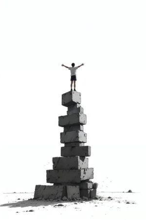Monochrome climb-through-the-wall motivational poster with a person standing triumphantly on stacked stone blocks