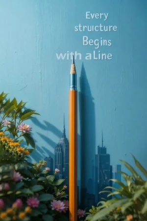Every Structure Begins Line motivational poster with a towering pencil, city skyline, and flowers on a blue textured background