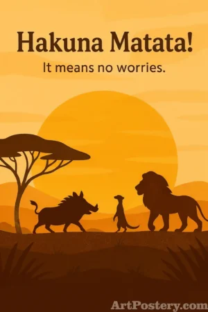 Hakuna Matata motivational poster with the quote “It means no worries.” and safari animal silhouettes against a warm sunset background