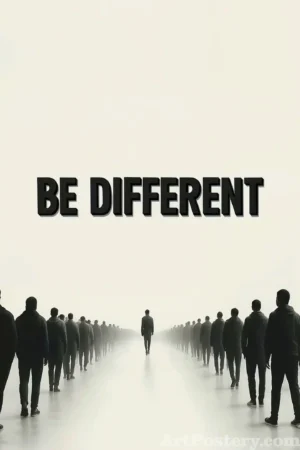 Be Different motivational poster with bold black text above silhouettes walking forward in a foggy minimalist scene