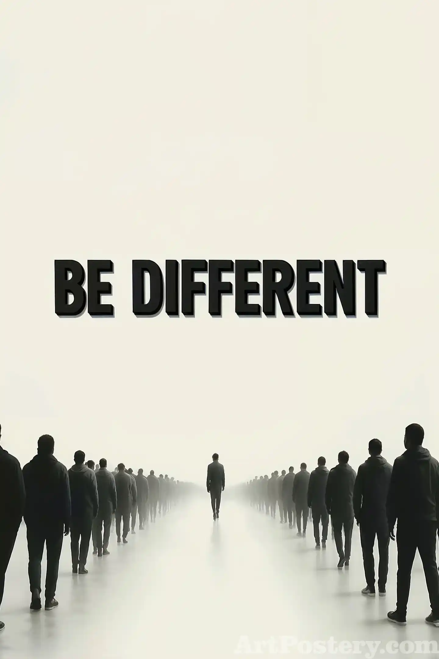 Be Different motivational poster with bold black text above silhouettes walking forward in a foggy minimalist scene