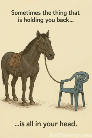 Motivational poster with the text “Sometimes the thing that is holding you back… is all in your head” and a horse with a chair illustration.