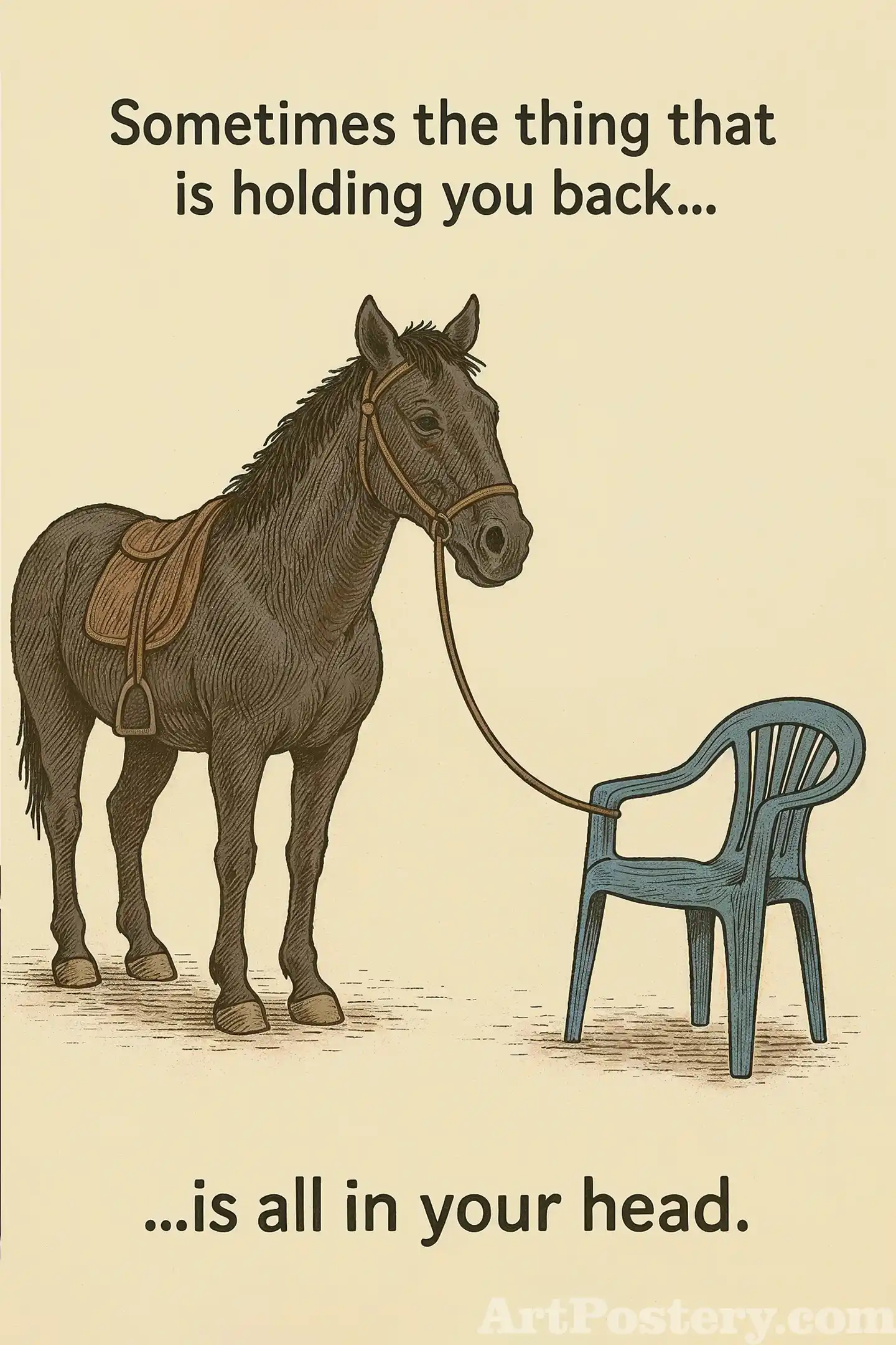 Motivational poster with the text “Sometimes the thing that is holding you back… is all in your head” and a horse with a chair illustration.