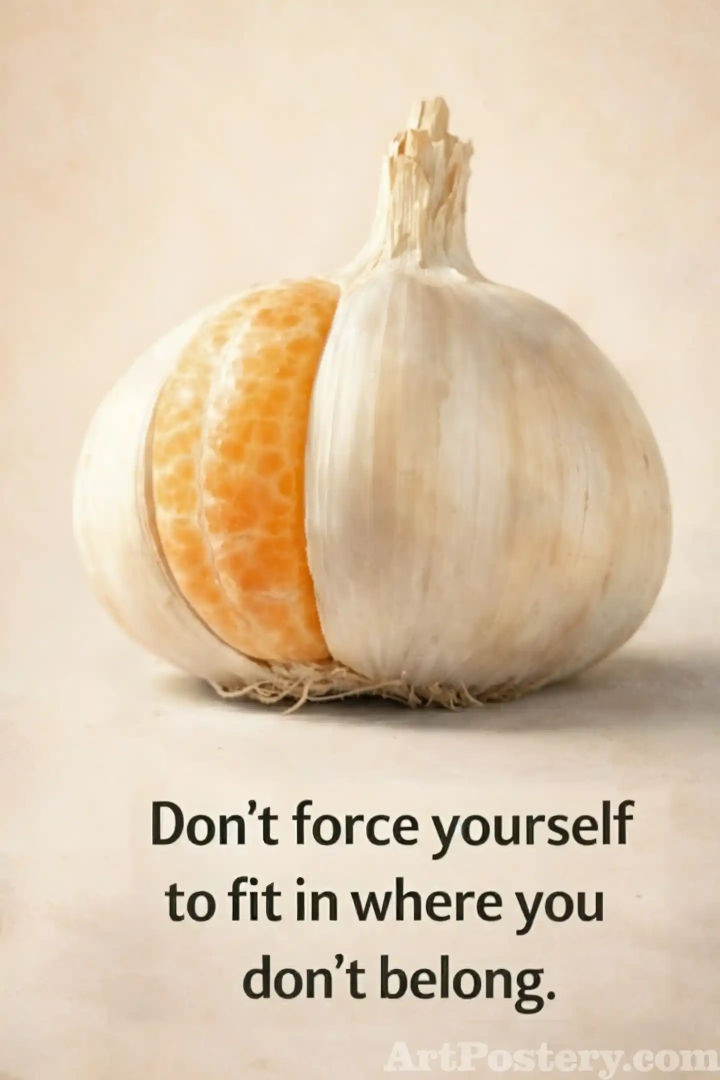 Motivational poster with the quote “Don’t force yourself to fit in where you don’t belong” and a split garlic image in warm neutral tones