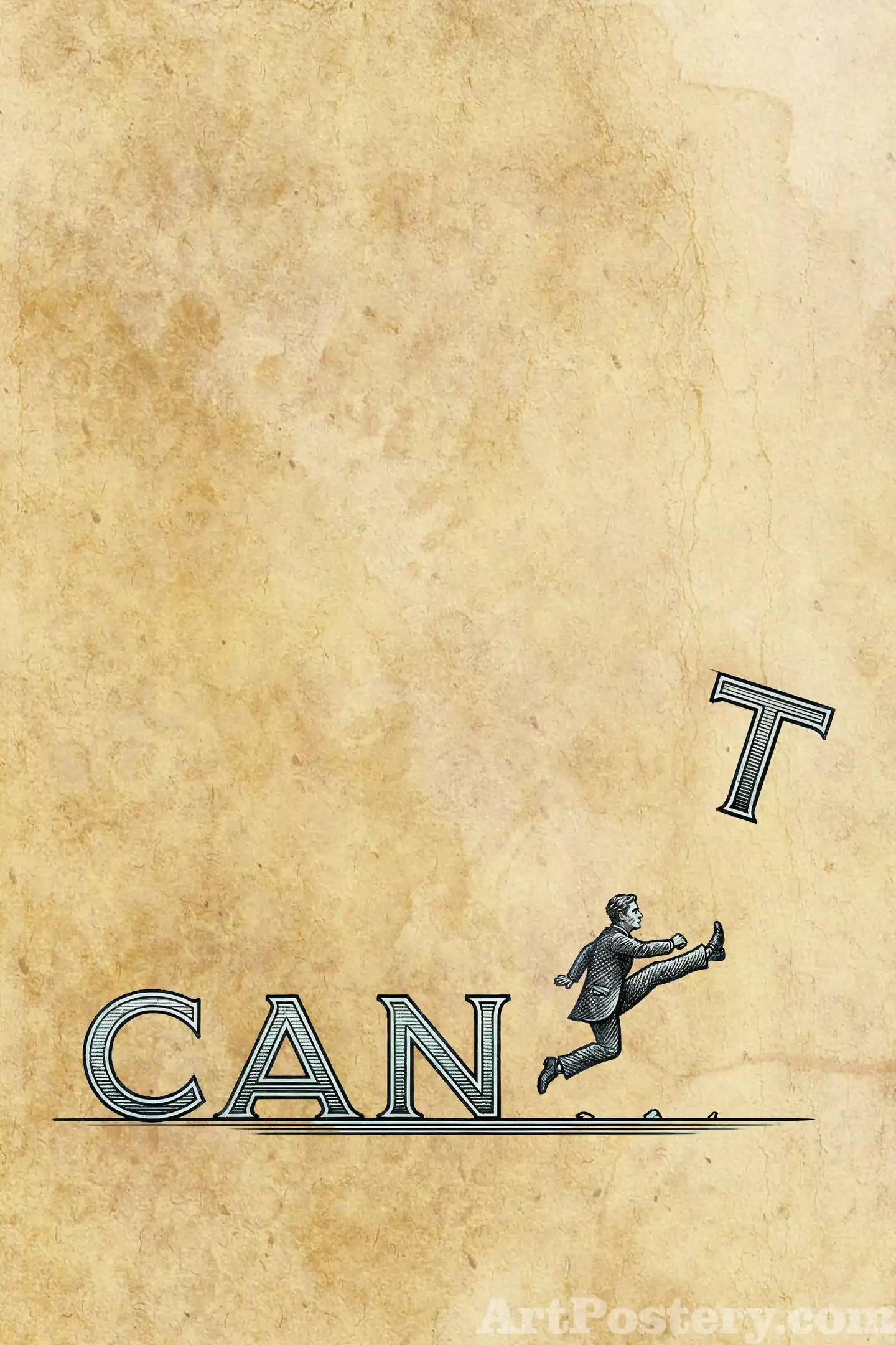 CAN motivational poster with bold engraved “CAN” text and a small running figure on a warm textured background