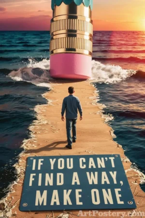 Motivational poster with the quote “If You Can’t Find a Way, Make One” over an ocean sunset scene with a person on the shore