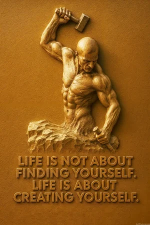 motivation poster showing a golden sculpted man lifting himself from rocks with the quote “Life is about creating yourself.”