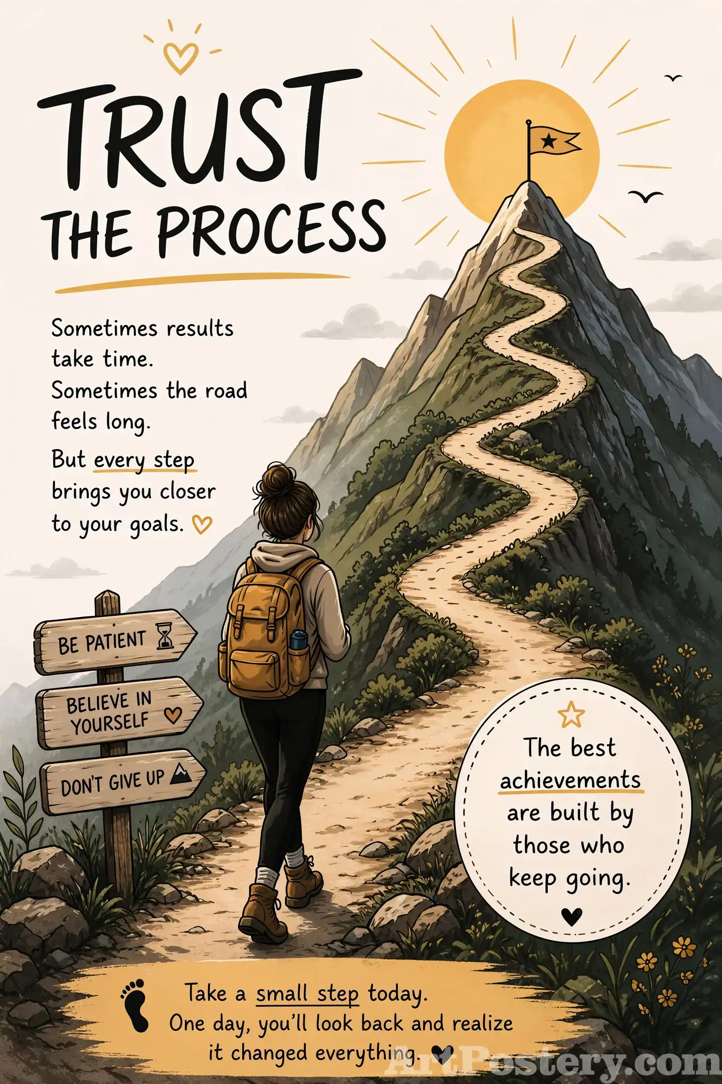 Trust the Process motivational poster with a mountain trail, sunrise glow, and the words “Trust the Process” and “Take a small step today.”