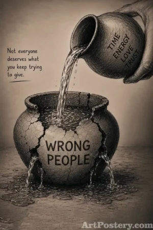 Dark motivational poster with the quote “Not everyone deserves what you keep trying to give” and “WRONG PEOPLE” on a cracked pouring sphere