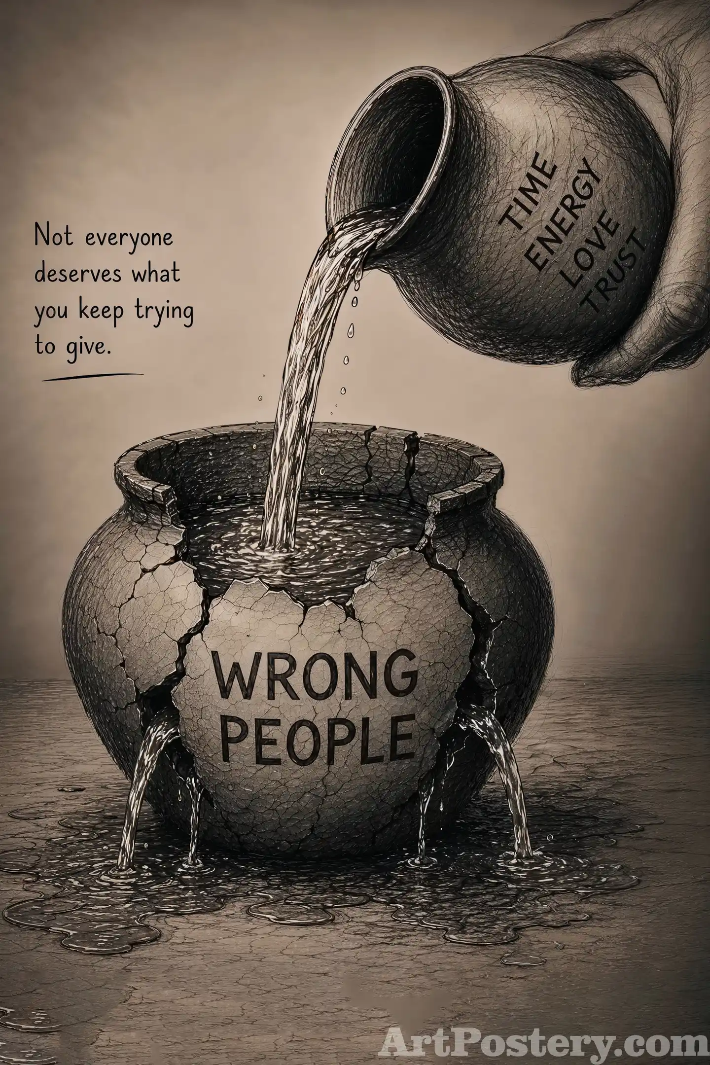 Dark motivational poster with the quote “Not everyone deserves what you keep trying to give” and “WRONG PEOPLE” on a cracked pouring sphere