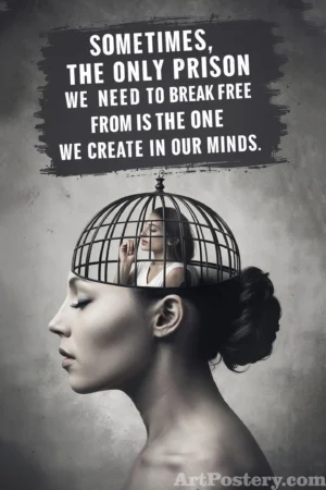 Motivational poster with the quote “Sometimes, the Only Prison we need to break free from is the one we create in our minds” and a woman in a cage visual.