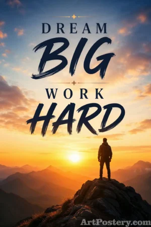Dream Big Work Hard motivational poster with sunrise mountains, bold brush typography, and a lone figure on a peak