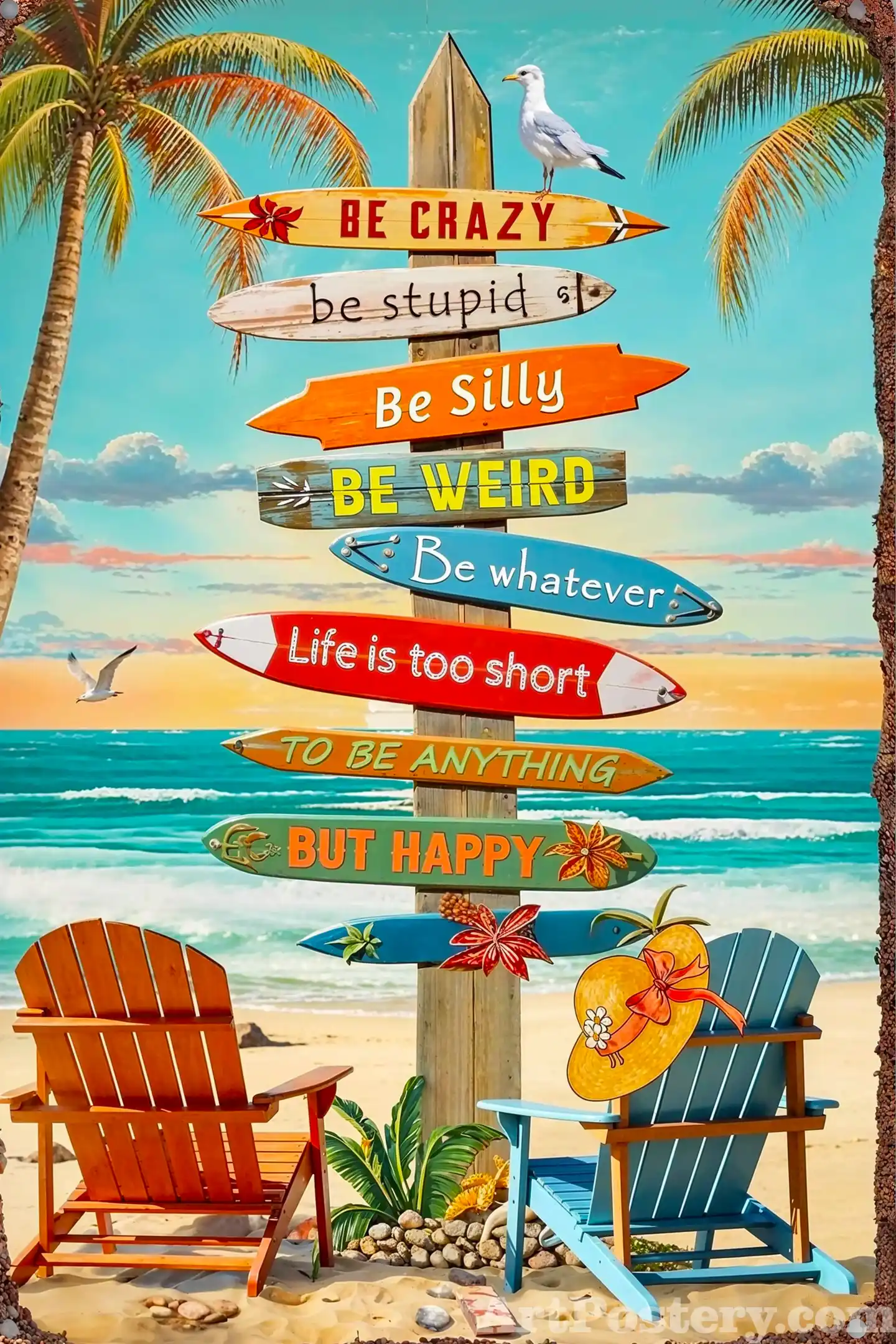 tropical beach wall art poster with colorful arrow signs reading “be crazy”, “be silly”, “be weird”, “be whatever”, and “happy”