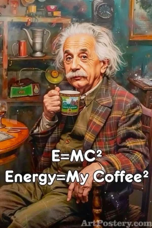 Energy=My Coffee Motivational Poster with a cozy kitchen scene and a man holding a coffee cup, motivational wall art for daily focus