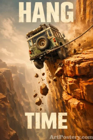 Hang motivational poster featuring a rugged off-road truck mid-air over rocky cliffs with dust and debris, bold “HANG” text