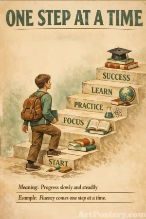 Motivation Poster showing “One Step at a Time” stairs with START, FOCUS, PRACTICE, LEARN, SUCCESS, a student and study props