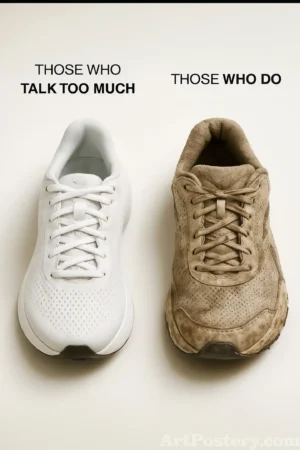 motivational poster showing “Those Who Talk Too Much” vs “Those Who Do” above two shoes, minimalist action-focused wall art