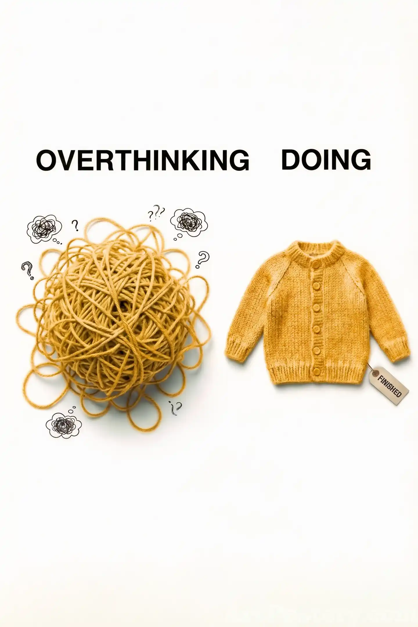 Motivational poster showing “Overthinking” tangled yarn and “Doing” a neatly folded sweater, inspirational wall art for focus and action