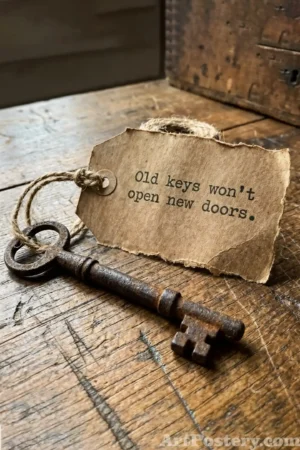 Old keys quote motivational poster with torn paper and key on rustic wooden background reading “Old keys won’t open new doors.”