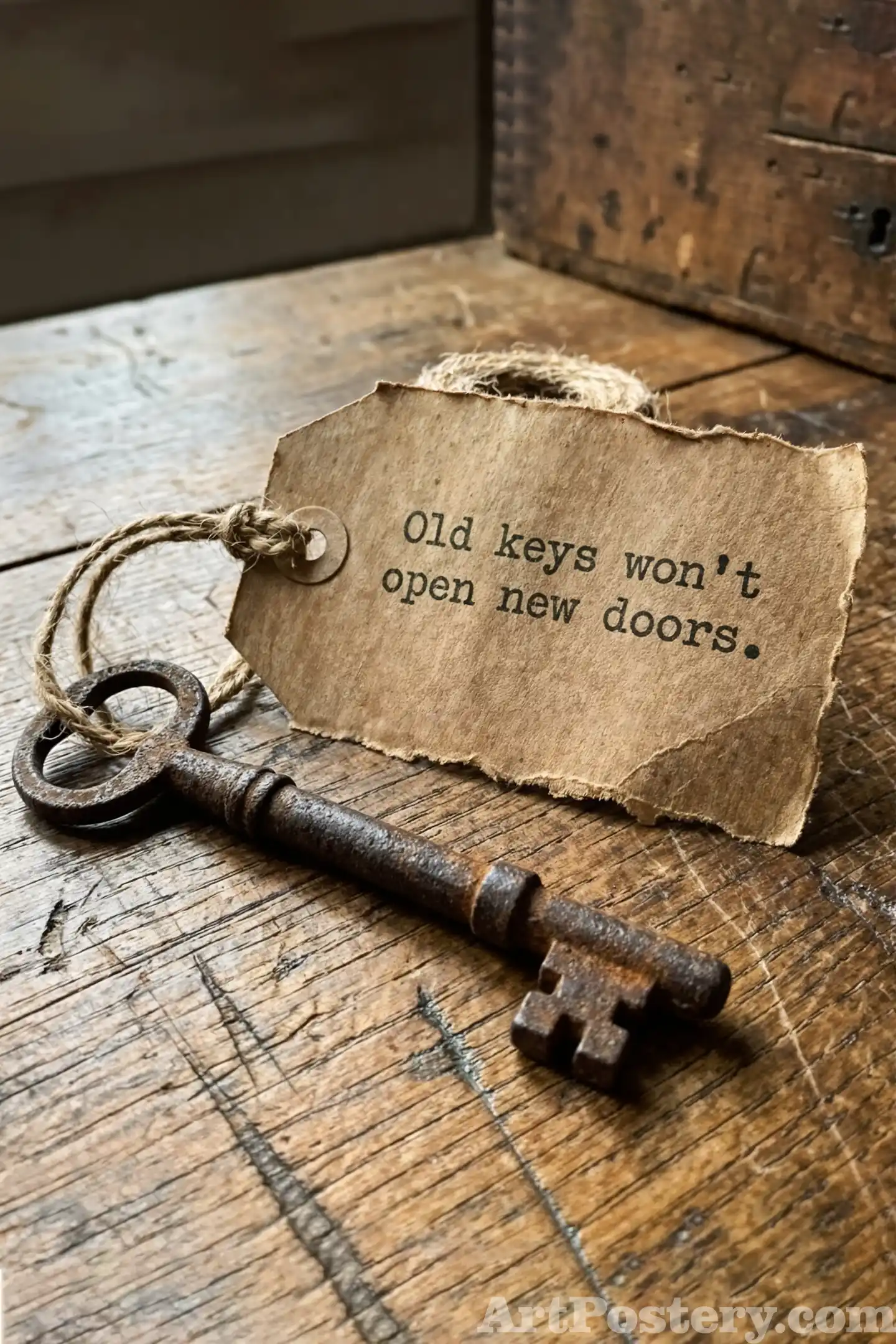 Old keys quote motivational poster with torn paper and key on rustic wooden background reading “Old keys won’t open new doors.”