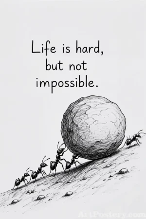 Motivational poster with the quote “Life is hard, but not impossible” and an ink illustration of ants pulling a globe