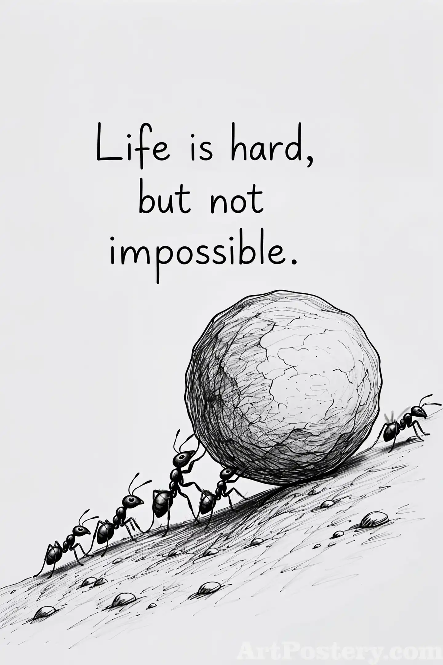 Motivational poster with the quote “Life is hard, but not impossible” and an ink illustration of ants pulling a globe
