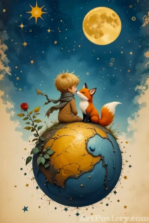The Little Prince on a globe under the moon, kids poster 026