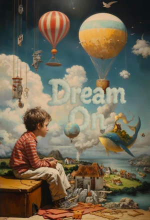 Dream On fantasy scene with hot air balloons and whale island, kids poster 027