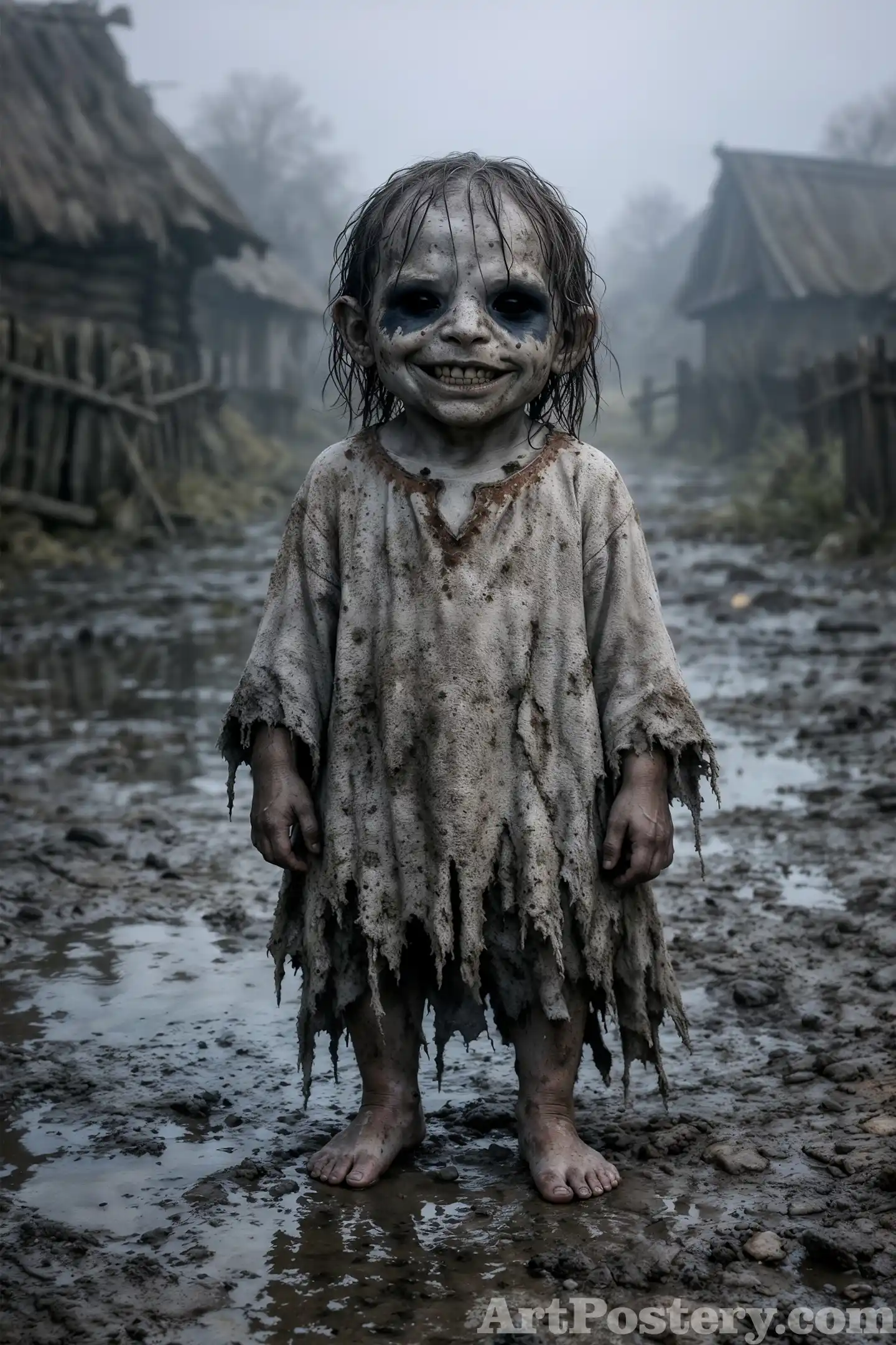 Haunted child Halloween posters wall art with ghostly figure in a misty village