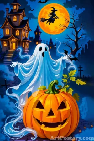 Pumpkin Ghost Funny Halloween Posters 10 – a friendly ghost with jack-o-lantern pumpkins