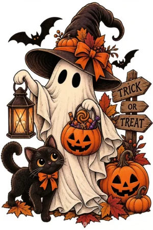 Trick or Treat Ghost Funny Halloween Posters 12 – a playful ghost in a witch hat with a black cat and Halloween sweets