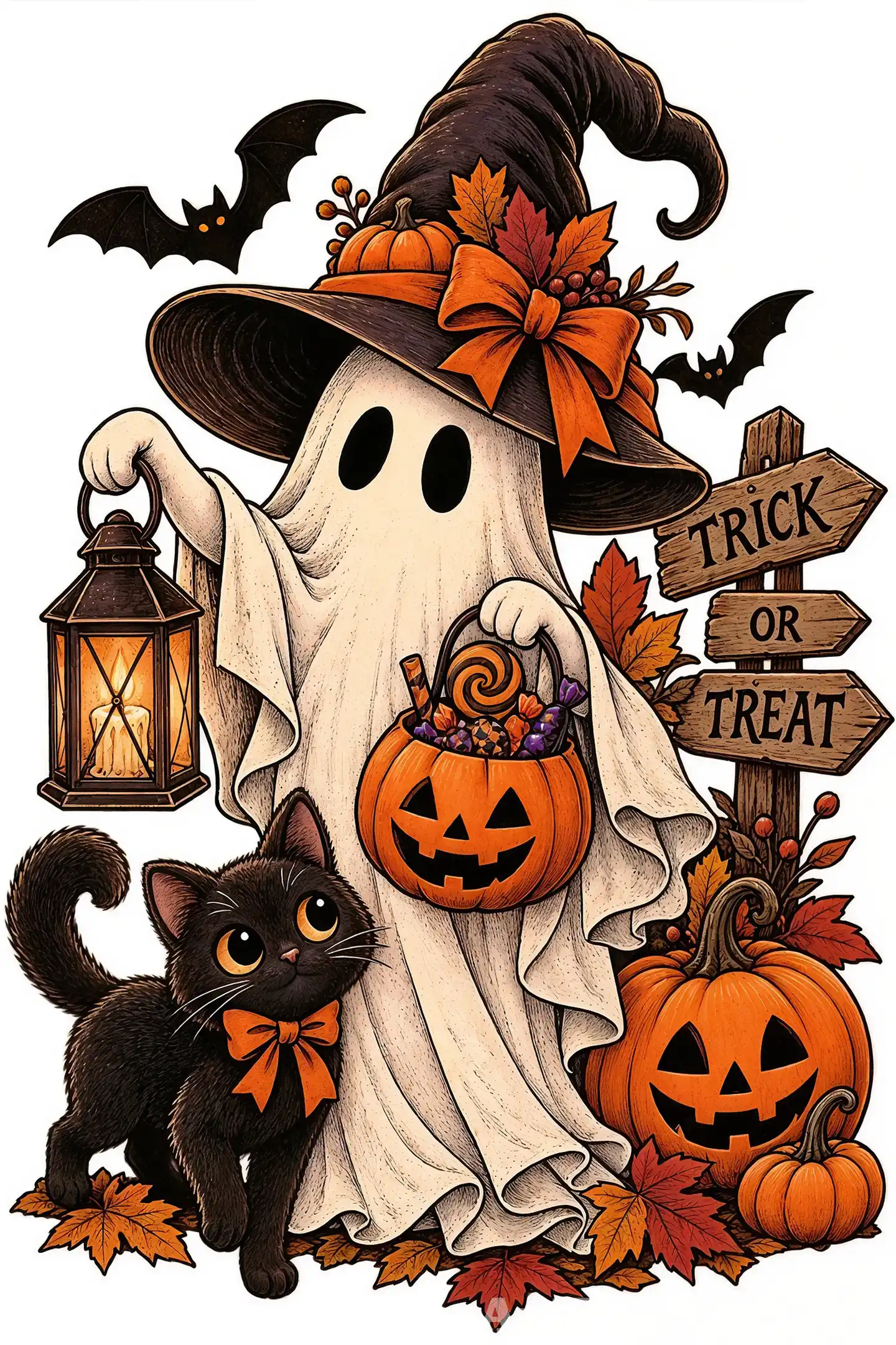 Funny ghost and black cat Halloween wall art poster