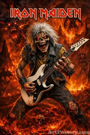 Iron Maiden lettering with skeletal guitarist in a fiery heavy metal music poster 1996