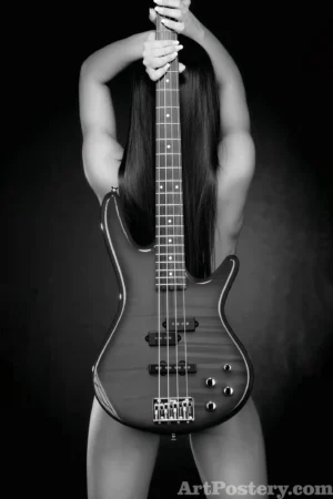 Black-and-white bass guitar music poster 1997