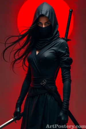 Masked Hooded Swordswoman with Red Sun Graphic Illustration Poster 1998