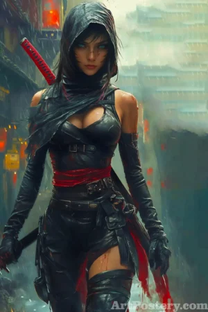 Red-Hooded Swordswoman in a Rainy Neon City Illustration Poster 1999