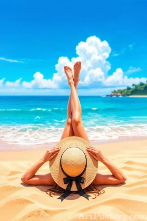 Woman in Straw Hat Reclining by Turquoise Sea Illustration Poster 2000