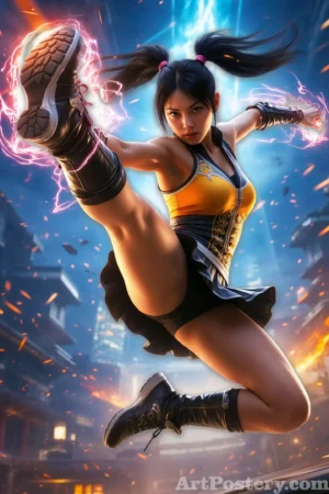 Pigtail Female Fighter Performing Electric High Kick Illustration Poster 2003