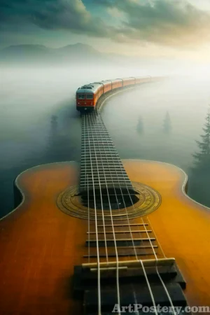 Train travelling along an acoustic guitar neck in a surreal music poster 2004
