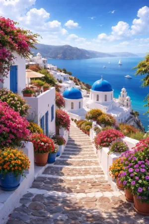 Blue-Domed Church Above the Aegean Sea Photographic Print 2006