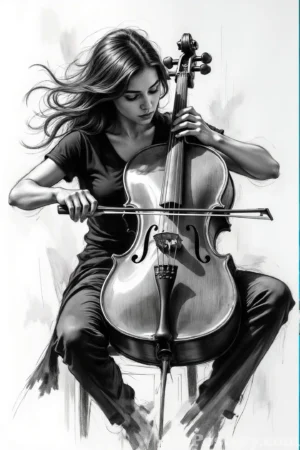 Woman playing cello in a black-and-white music poster 24