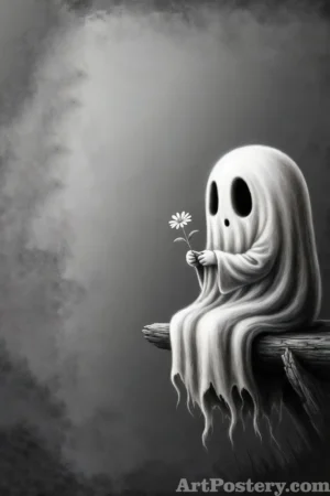 Ghost with Daisy Vintage Halloween Posters 3 – a small ghost holding a daisy while sitting on a tree branch