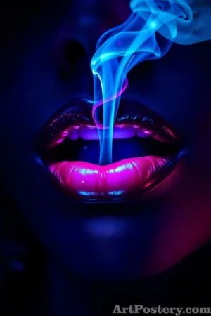 Neon Pink Lips Blue Smoke Poster 30