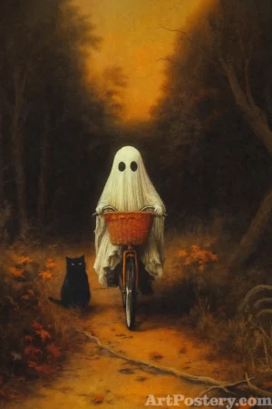 Ghost Bicycle Vintage Halloween Posters 4 – a ghost riding a bicycle in a misty Halloween scene