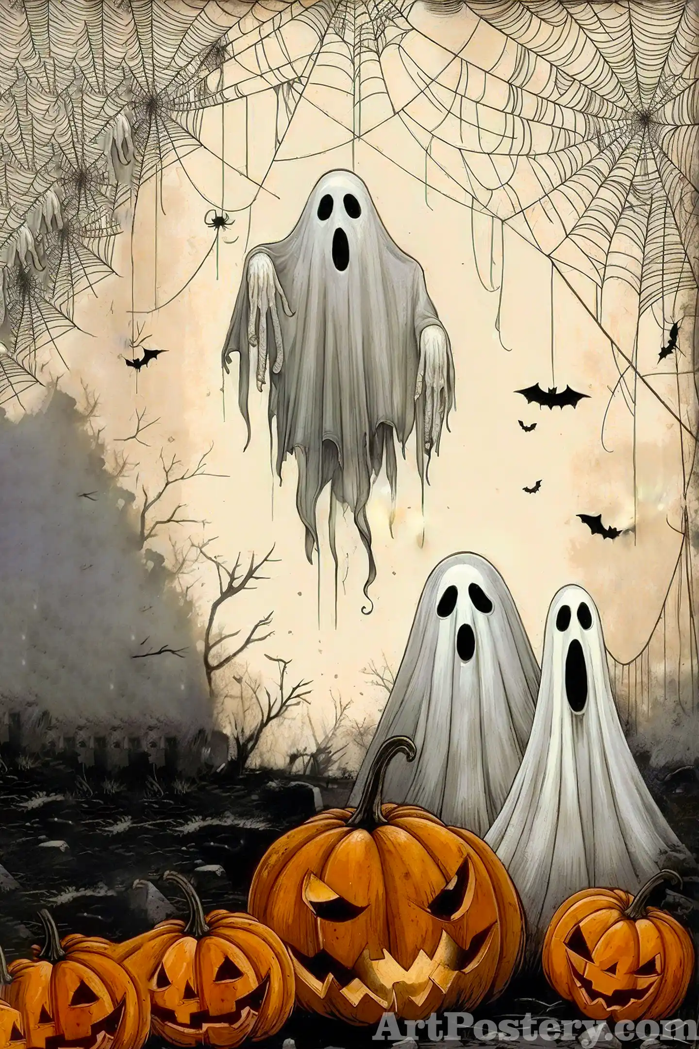 Ghosts and spiderwebs vintage Halloween wall art poster