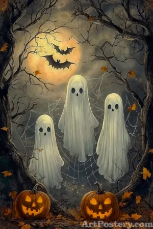 Three Ghosts Funny Halloween Posters 6 – three friendly ghosts in a Halloween scene