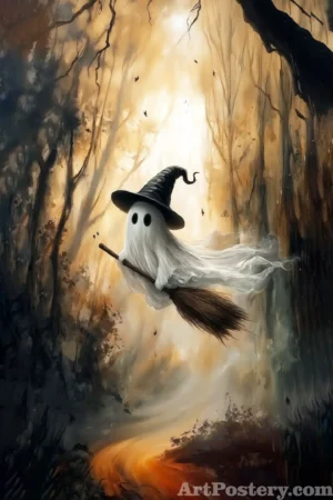 Flying Witch Ghost Funny Halloween Posters 7 – a ghostly flying witch in a Halloween night scene
